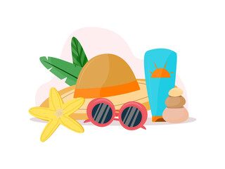 sunscreen concept. Straw hat, sunblock, sunglasses. For magazines, advertisements, information brochures. Vector illustration. Flat