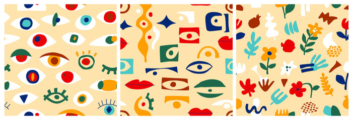 Eye abstract pattern with geometric shapes in contemporary style. Vector greek seamless pattern with look, eyes in modern collage style.