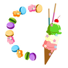 カラフルなアイスクリーム三段重ねにポッキーとチェリー・マカロンを添えて｜Three layers of colorful ice cream with pocky and cherry macaroons