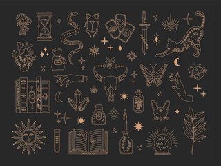 Witchcraft sacred big set, mystic magical symbols for tattoo, mystery gold line art collection, modern boho style elements sun, stars, eye, potion. Vector icons and logo illustration, black background