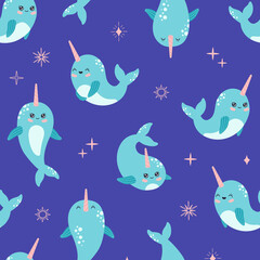 Kawaii narwhal seamless pattern, cute baby whale characters. Marine life, wild ocean animals with horn in pastel color, modern trendy vector flat cartoon illustration on blue background, repeat design