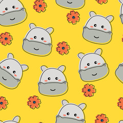 Seamless pattern with cute cartoon hippo for fabric print, textile, gift wrapping paper. colorful vector for kids, flat style