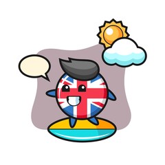Illustration of united kingdom flag badge cartoon do surfing on the beach