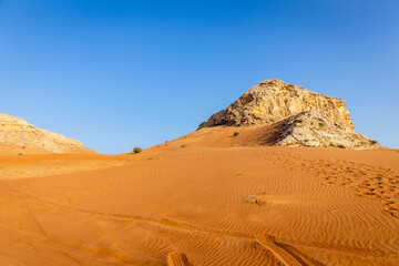 Fossil Rock limestone rock formation in the desert, with sand dunes and tire tracks around, Sharjah, United Arab Emirates.