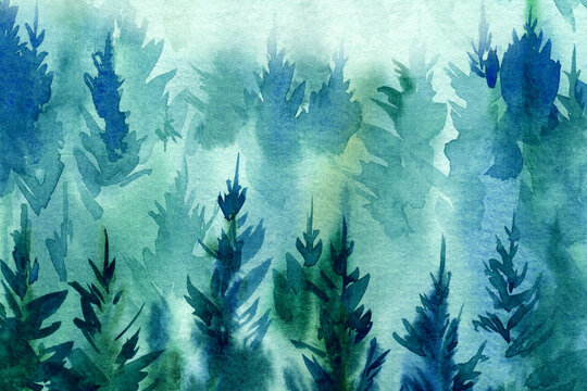 Beautiful forest landscape, watercolor illustration. Panoramic view © Hanna