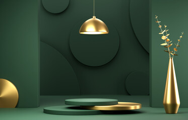 Abstract geometric shape green color minimalistic scene with podium - obrazy, fototapety, plakaty