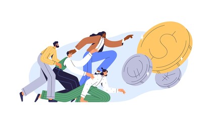 Greedy people chasing for big money. Cash race concept. Competitors striving for richness and wealth. Characters running to hit jackpot. Colored flat vector illustration isolated on white background