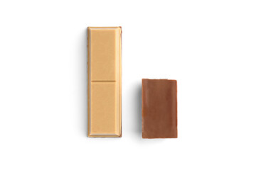 White chocolate bar with black waffle isolated on white background. Black wafer in white chocolate.