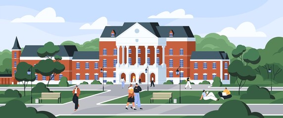Fototapeta Students walking and sitting on grass at university campus. Exterior of college building among trees. Schoolhouse with columns. Colored flat vector illustration of education institution obraz