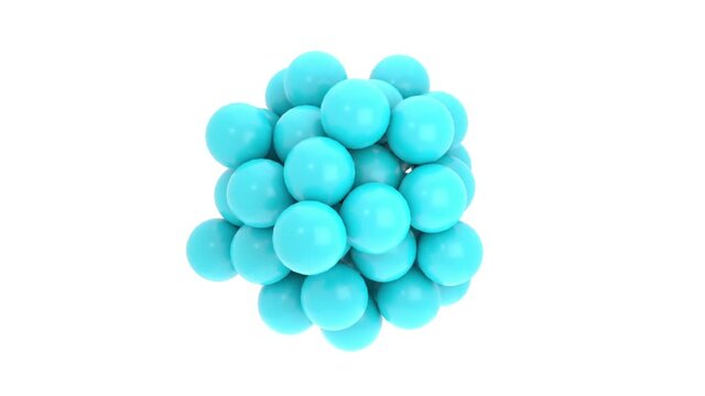 Des balles apparaissent en restant agglutin&eacute;es en rotation puis disparaissent. Rendu 3D.
