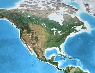 Physical map of North America, with high resolution details. Flattened satellite view of Planet Earth, its geography and topography. 3D illustration - Elements of this image furnished by NASA