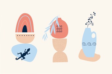 Composition of abstract shapes and botanical elements, style of minimalism , hand drawn. Packaging, wallpaper, poster, room interior decor, design for textiles, postcard, concept, clipart, vector