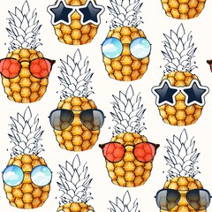 Vector seamless pattern with pineapple and glasses