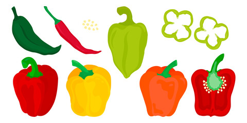 Peppers, paprika, chilies set of red, green, yellow vegetables vector illustration