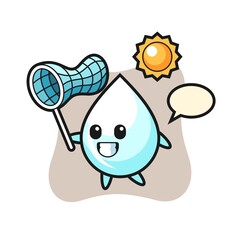 milk drop mascot illustration is catching butterfly