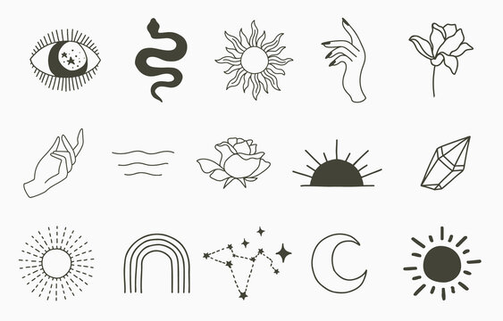 Beauty boho collection with hand,snake,eye,sun.Vector illustration for icon,sticker,printable and tattoo