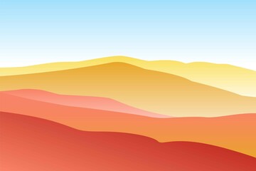 Landscape with waves. Blue sun set sky. Yellow, orange, pink and red mountains silhouette. Sandy desert dunes. Nature and ecology. Horizontal orientation. For social media, post cards and posters