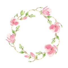 Fototapeta na wymiar watercolor pink blooming magnolia flower and branch wreath frame