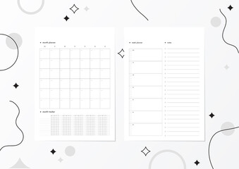 Two sheets of paper A4 with planners for week and moth.