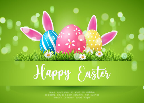 Happy Easter banner template with Easter eggs and green grass daisy flower rabbit ear