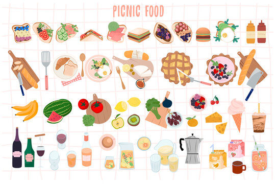 Set of Summer Picnic food: fruits, vegetables, berries, sandwich, toast, pie, drink. Perfect for invitation card and posters. Editable Vector Illustration.