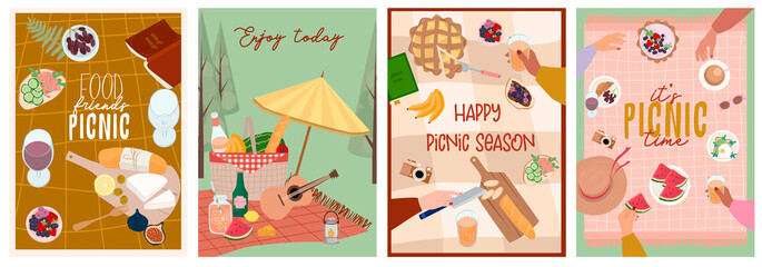 Summer picnic poster or invitation cards set with tasty food and leisure things. Outdoor active rest.  Editable vector illustration.