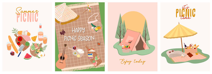 Summer picnic poster or invitation cards set with tasty food and leisure things. Outdoor active rest.  Editable vector illustration.
