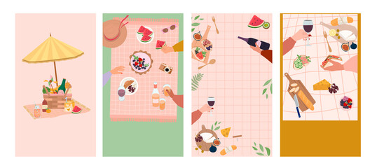 Summer picnic vertical background set with tasty food and leisure things. Perfect for Mobile app, Social media. Editable vector illustration.