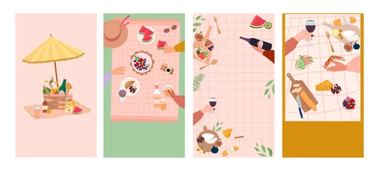 Foto op Canvas Summer picnic vertical background set with tasty food and leisure things. Perfect for Mobile app, Social media. Editable vector illustration. © miobuono