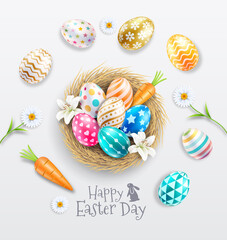 Happy easter day easter eggs colorful different and patterns texture  on egg nest with lilies and daisies flower. Vector illustrations.