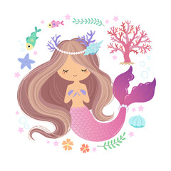 The mermaid holds both hands on his chest, with a flower frame with a combination of fish and coral in the background
