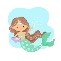 The mermaid throws out the little star and holds the shell in the other hand