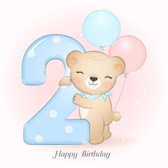 Cute little Bear birthday party with number, greeting card illustration