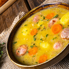 Classic pea soup with sausage and meat
