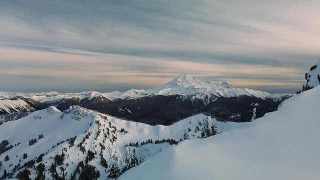 Mt Baker Sunset Drone Dolly from Across Snowy Mountain Valley