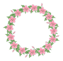 Vector wreath of many delicate pink flowers and foliage. Spring frame has a place for text inside