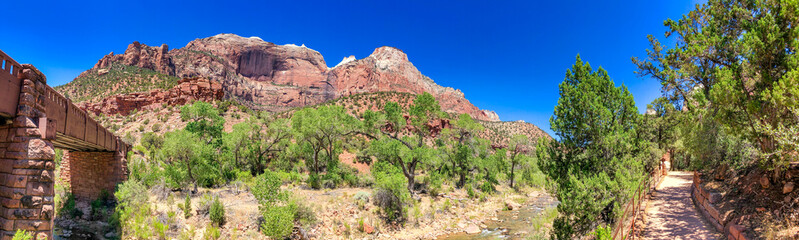 Fototapeta premium Zion National Park, Utah. Mountains and trees on a sunny summer day - Panoramic view