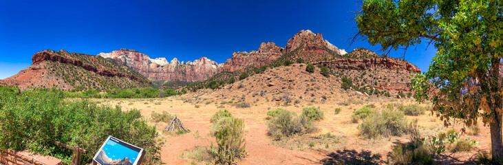 Zion National Park, Utah. Mountains and trees on a sunny summer day - Panoramic view