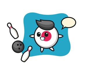 Character cartoon of japan flag badge is playing bowling