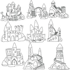 Big Set Sand castle Vector illustration isolated on white background. Simple illustration for coloring book