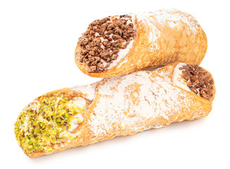 Sicilian Cannoli isolated on white background. Sweet  Italian Dessert Cannolo