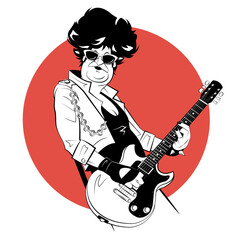 Woman with electric guitar in sketch style on red background. Vector illustration.