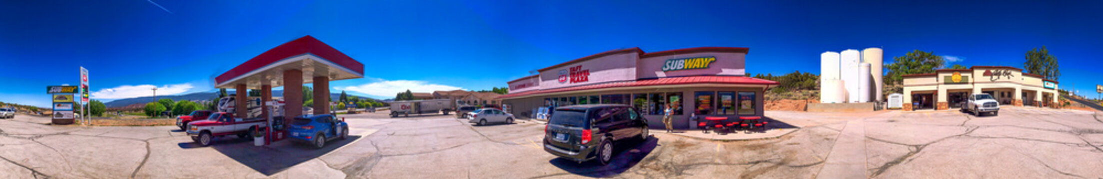 TORREY, UT - JUNE 22, 2018: Subway Food Shop And Gas Station On A Sunny Summer Day - Panoramic View