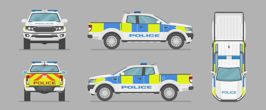 Vector UK Pickup Truck. English Police Car. Side View, Front View, Back View, Top View. Cartoon Car In Flat Style.