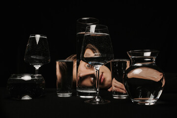 surreal portrait of a strange man looking through glasses of water
