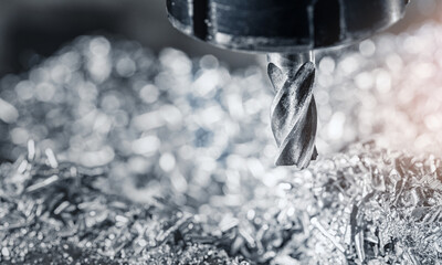 Obraz na płótnie Canvas Process CNC drilling cut lathe machine cutting metal in steel factory