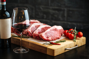 Raw veal meat tenderloins cooking preparation with a glass of wine