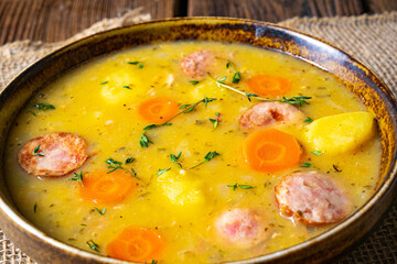 Classic pea soup with sausage and meat