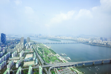 View of the Han River in Seoul, Korea from the top of a tall building 높은 건물위에서 보는...