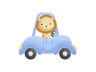 Fototapeta premium Cute little lion driving blue car. Cartoon character for childrens book, album, baby shower, greeting card, party invitation, house interior. Vector stock illustration.